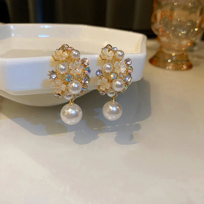 Earrings with Flower Pearls in French Style