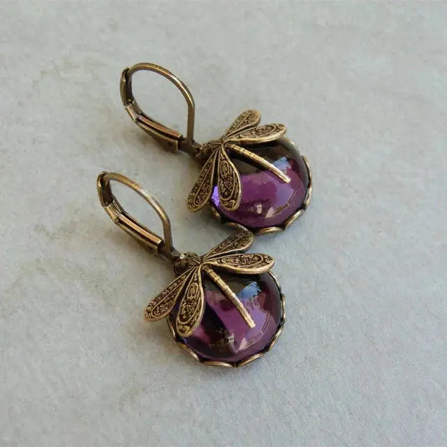 Dragonfly Sphere Earrings in Antique Gold