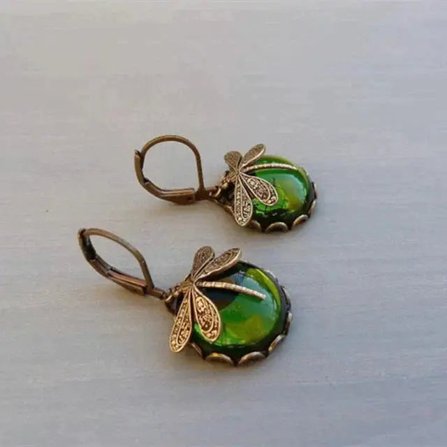 Dragonfly Sphere Earrings in Antique Gold